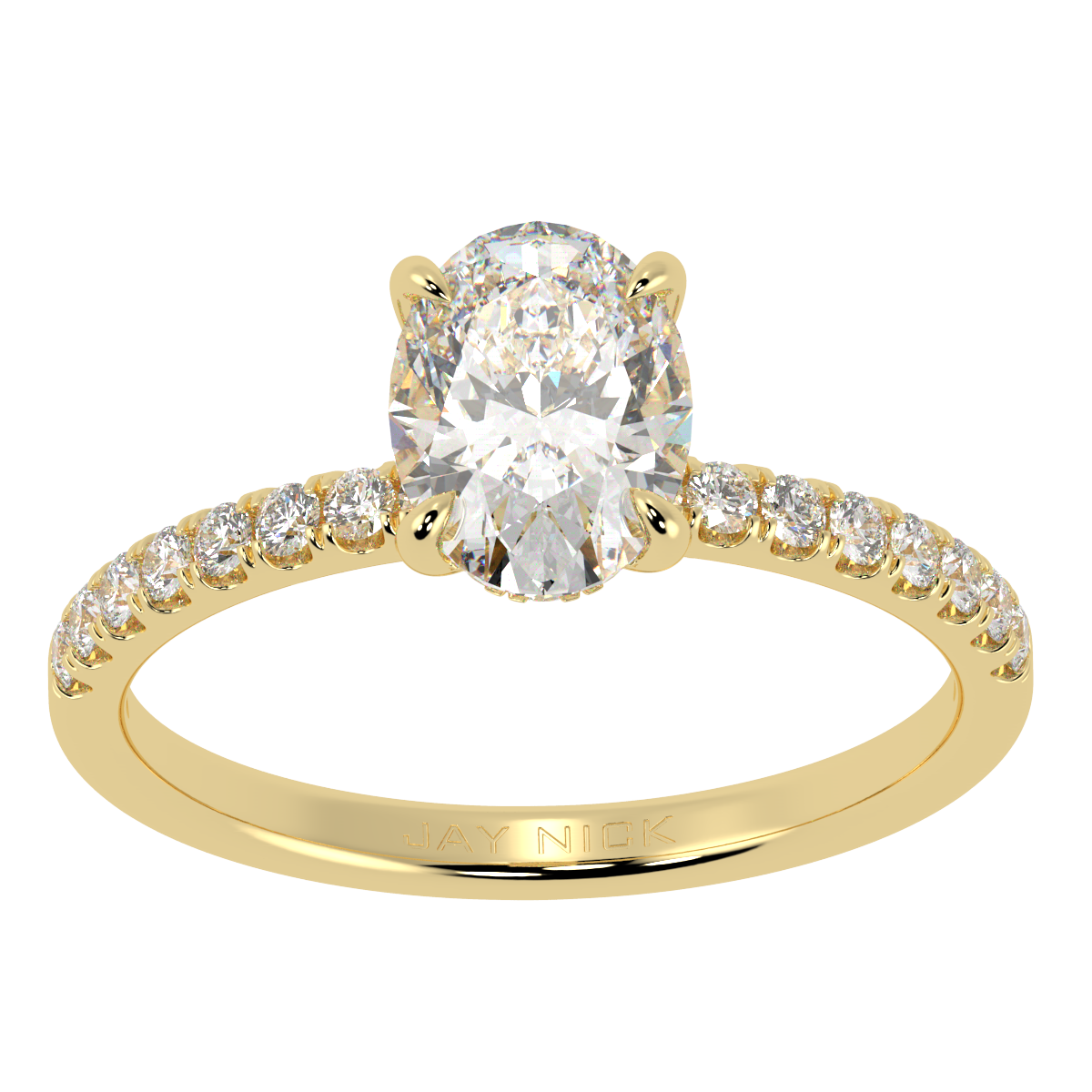 Oval Cut Studded Hidden Halo Ring in yellow gold, top view