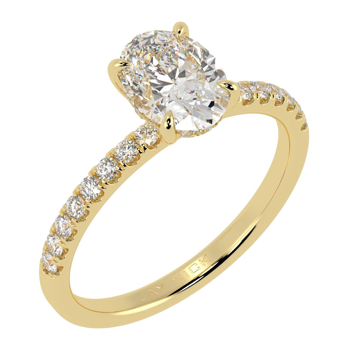 Oval Cut Studded Hidden Halo Ring in yellow gold, perspective view