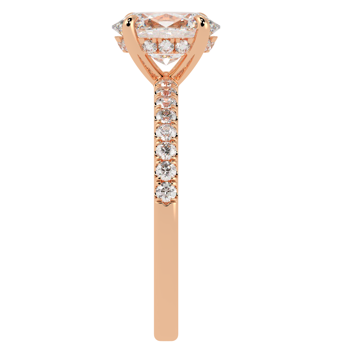 Oval Cut Studded Hidden Halo Ring in rose gold, side view