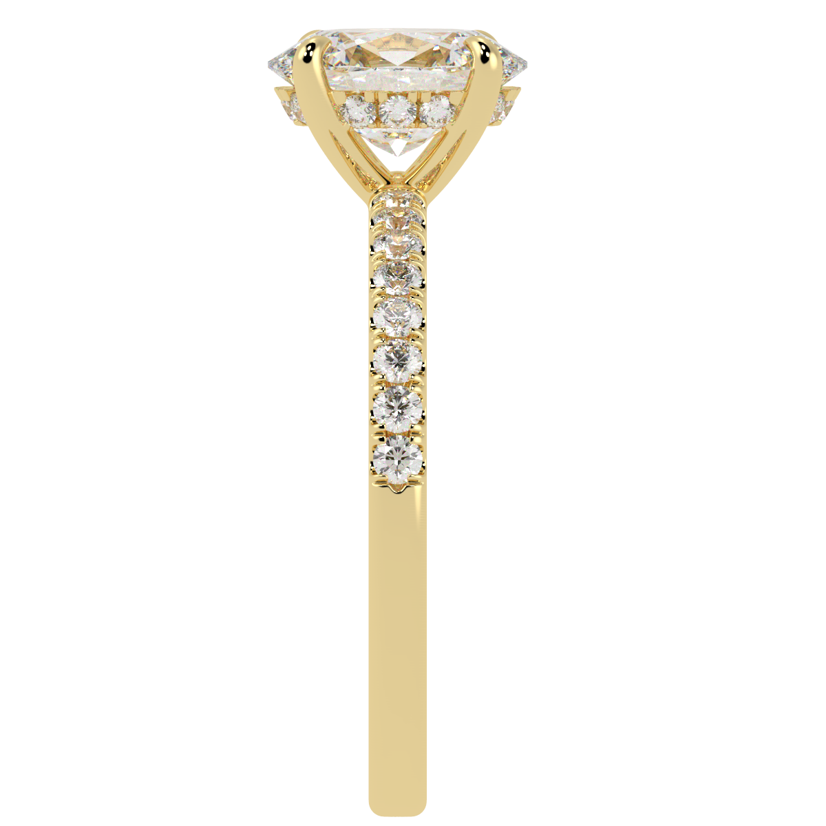 Oval Cut Studded Hidden Halo Ring in yellow gold, side view