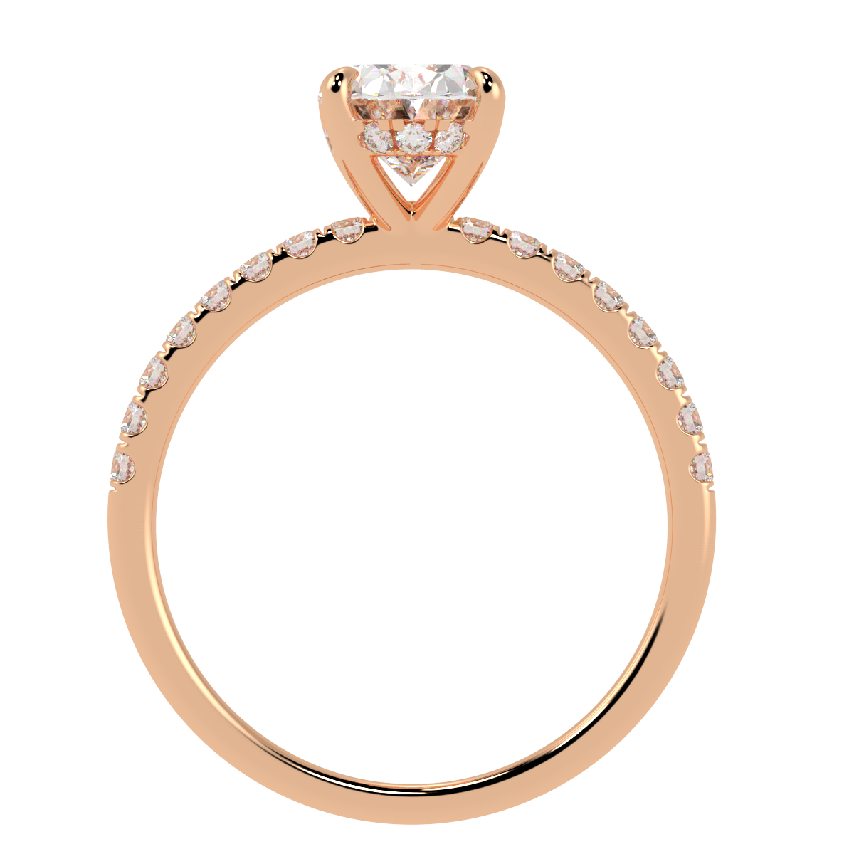 Oval Cut Studded Hidden Halo Ring in rose gold, flat view