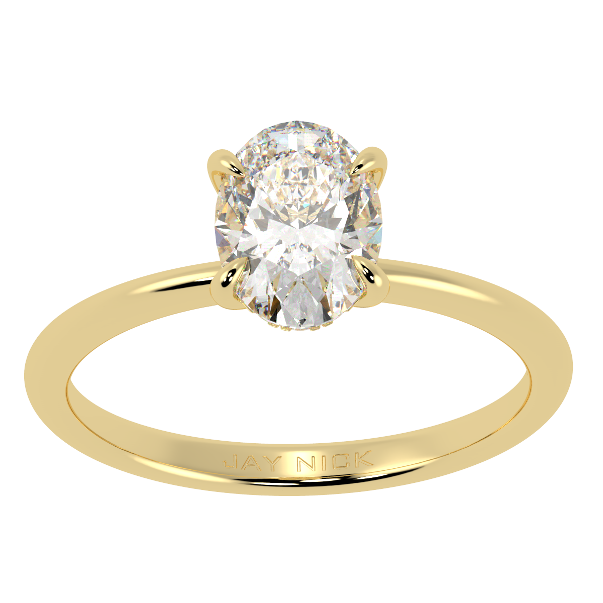 Oval Cut Hidden Halo Ring in yellow gold, top view