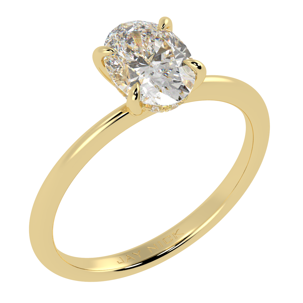 Oval Cut Hidden Halo Ring in yellow gold, perspective view