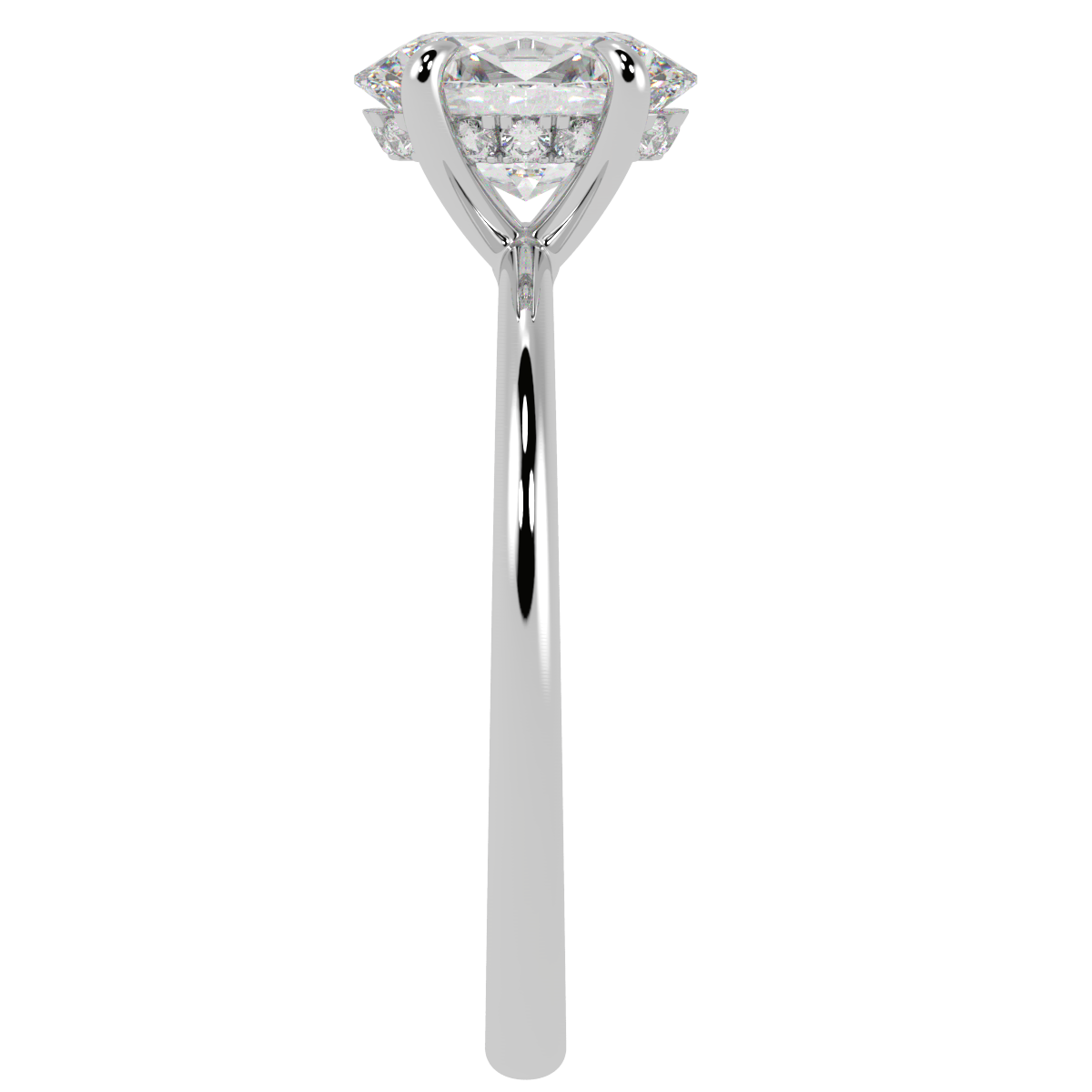 Oval Cut Hidden Halo Ring in white gold or platinum, side view