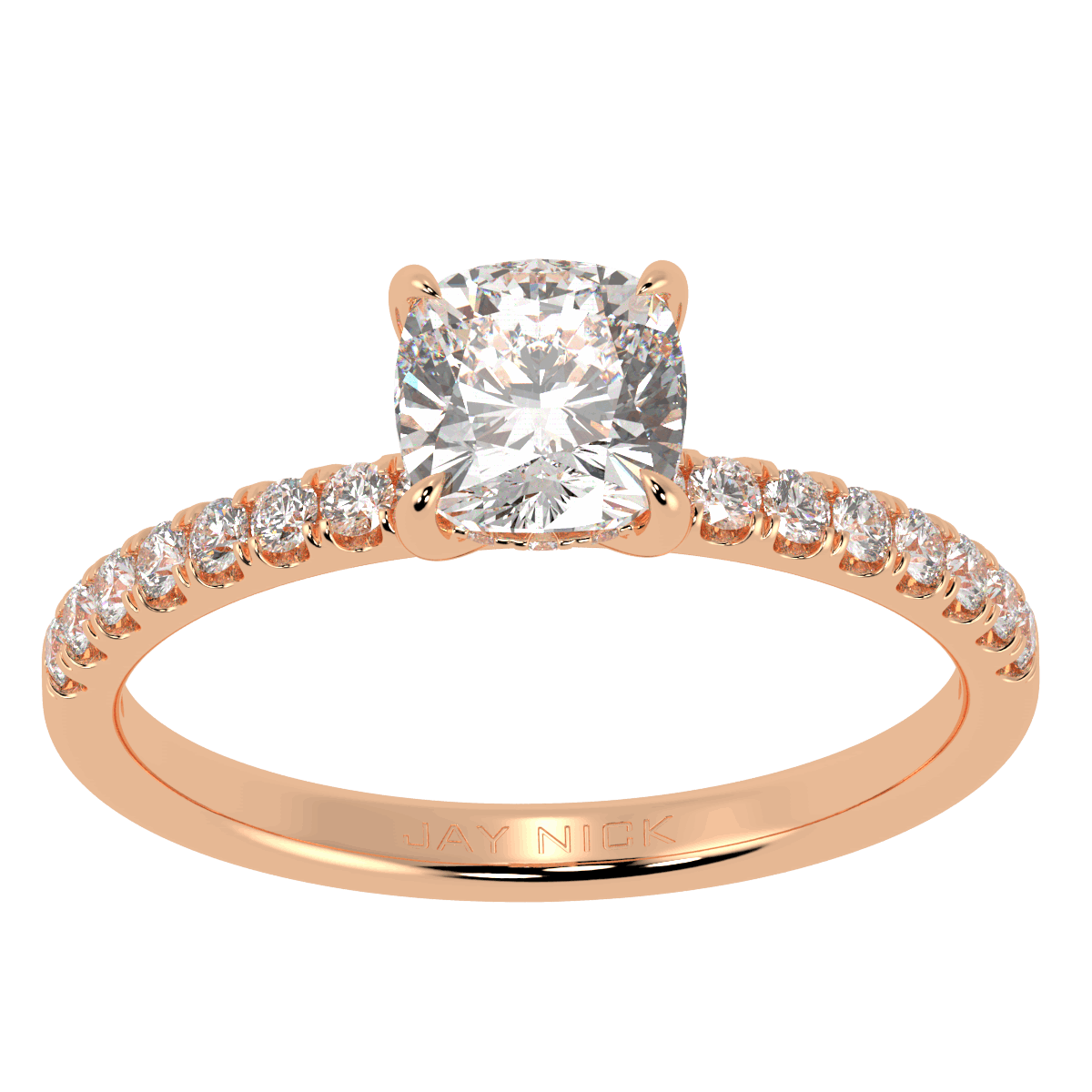 Cushion Cut Studded Hidden Halo Ring in rose gold, top view