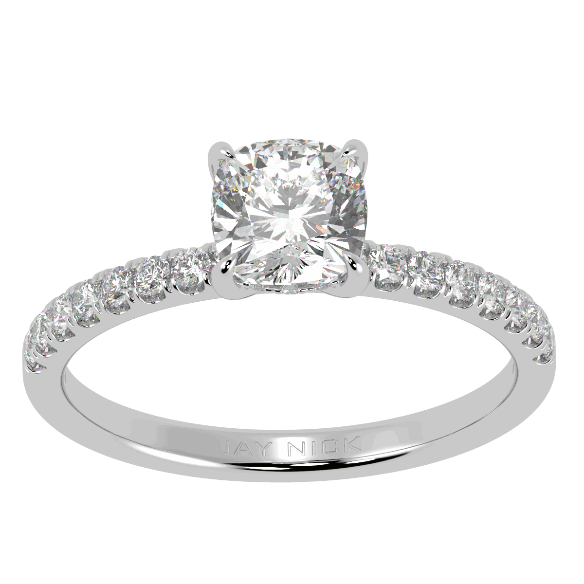 Cushion Cut Studded Hidden Halo Ring in white gold or platinum, top view