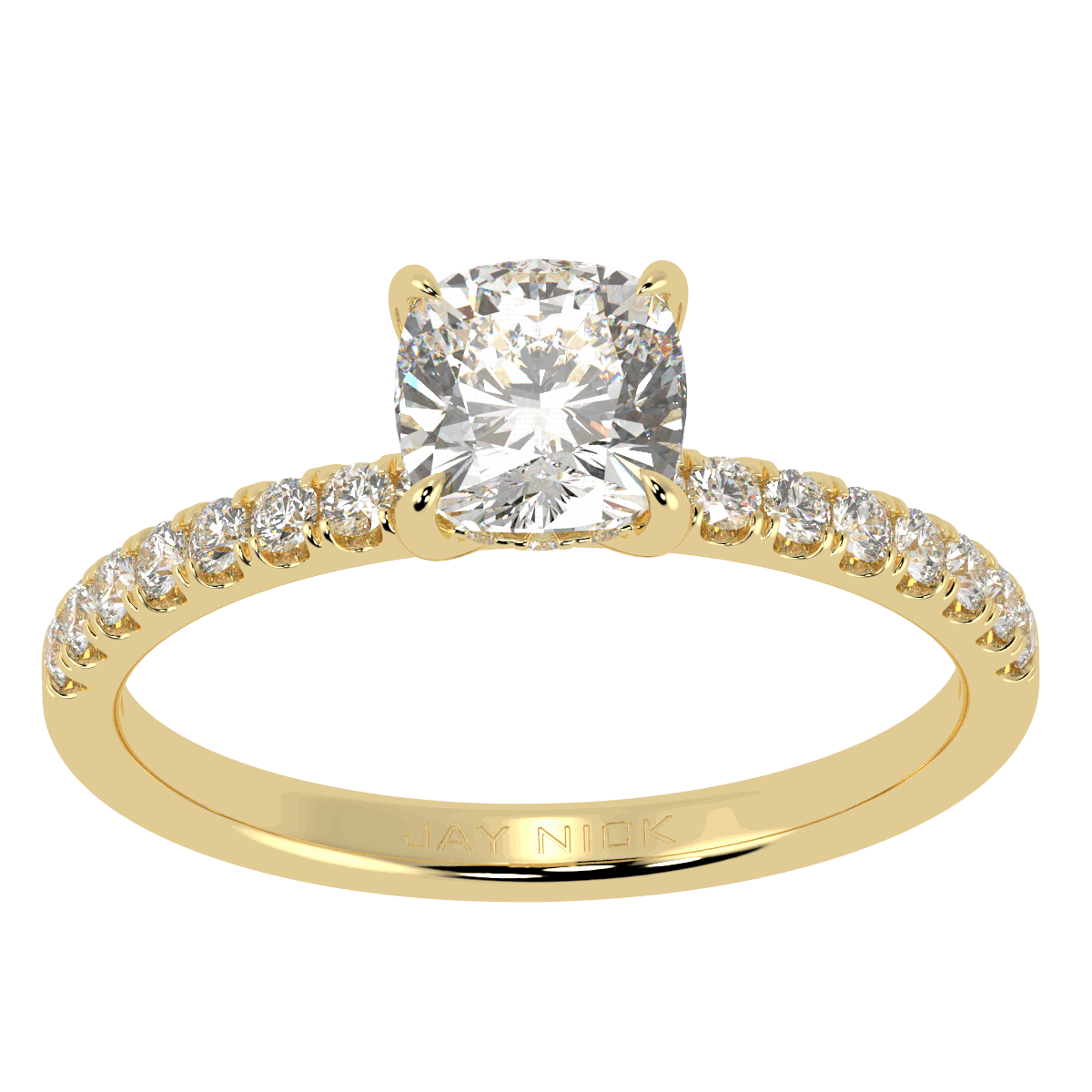 Cushion Cut Studded Hidden Halo Ring in yellow gold, top view