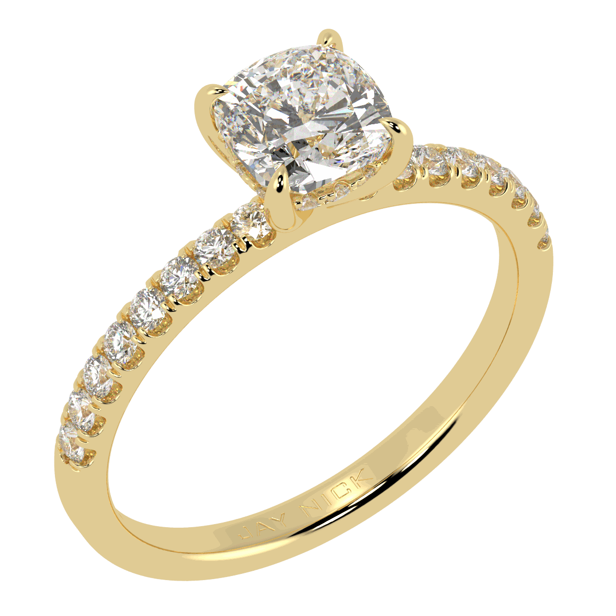 Cushion Cut Studded Hidden Halo Ring in yellow gold, perspective view