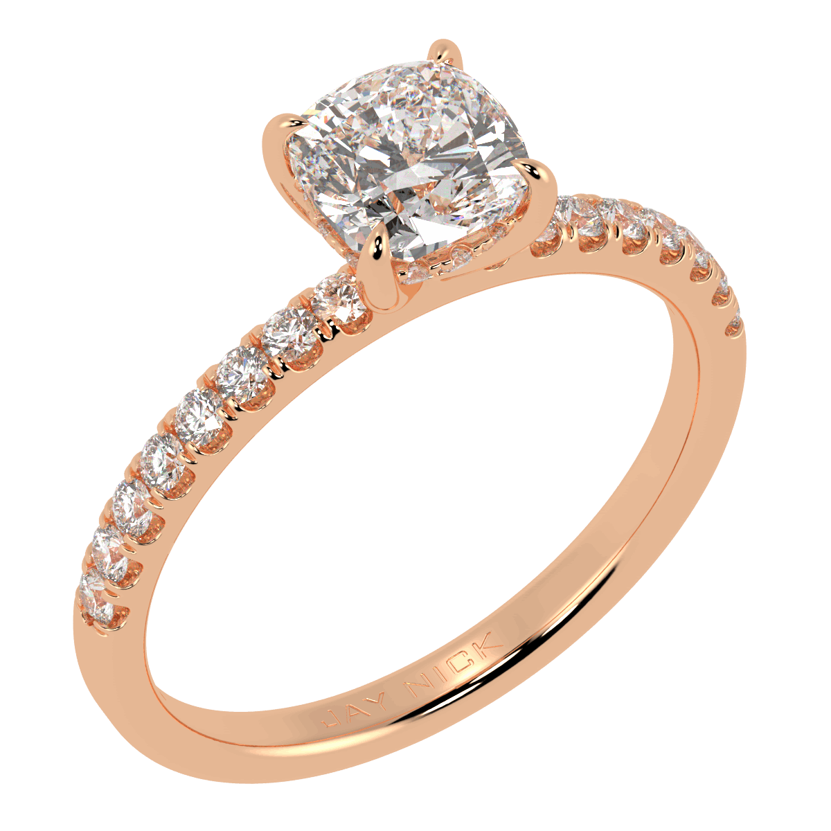 Cushion Cut Studded Hidden Halo Ring in rose gold, perspective view