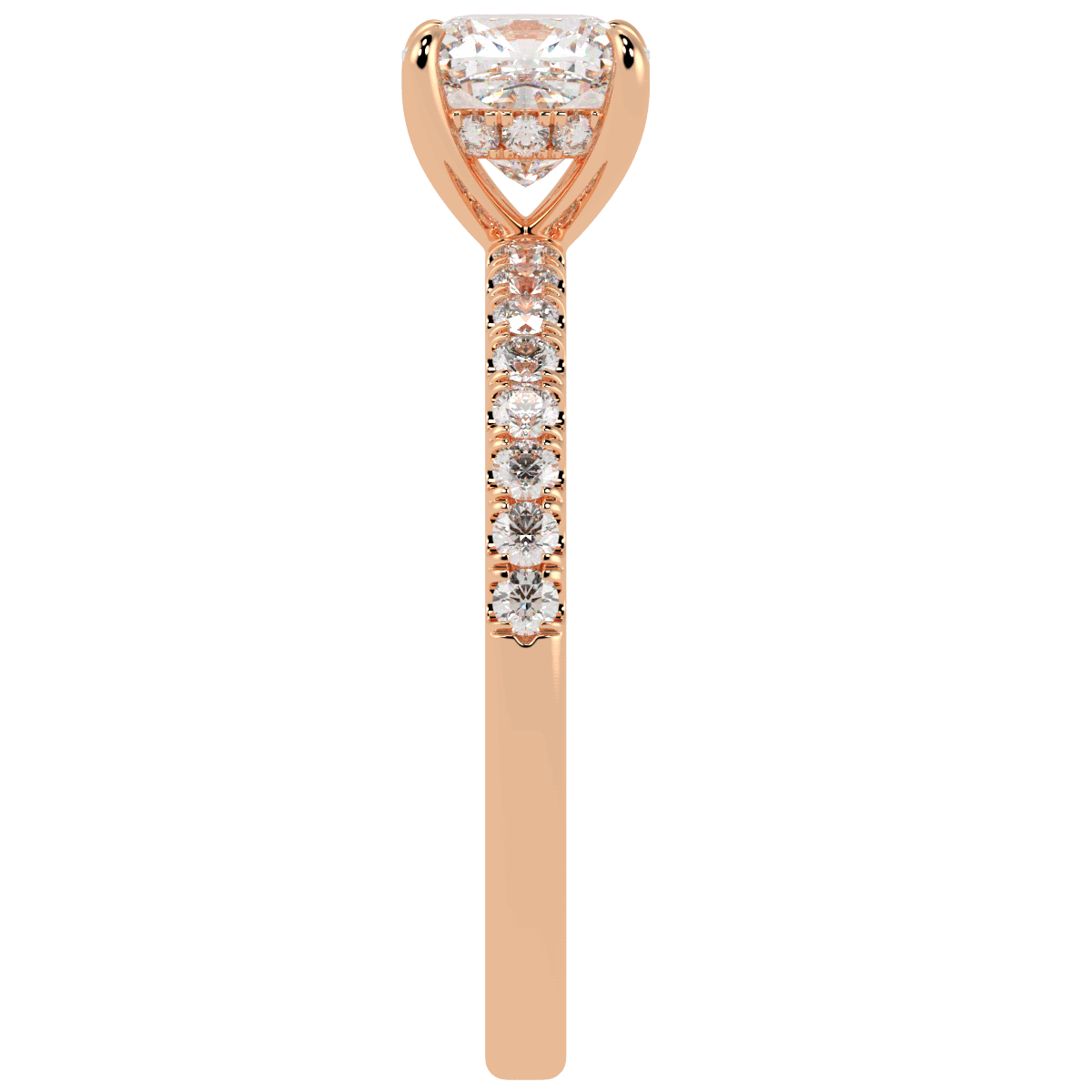Cushion Cut Studded Hidden Halo Ring in rose gold, side view