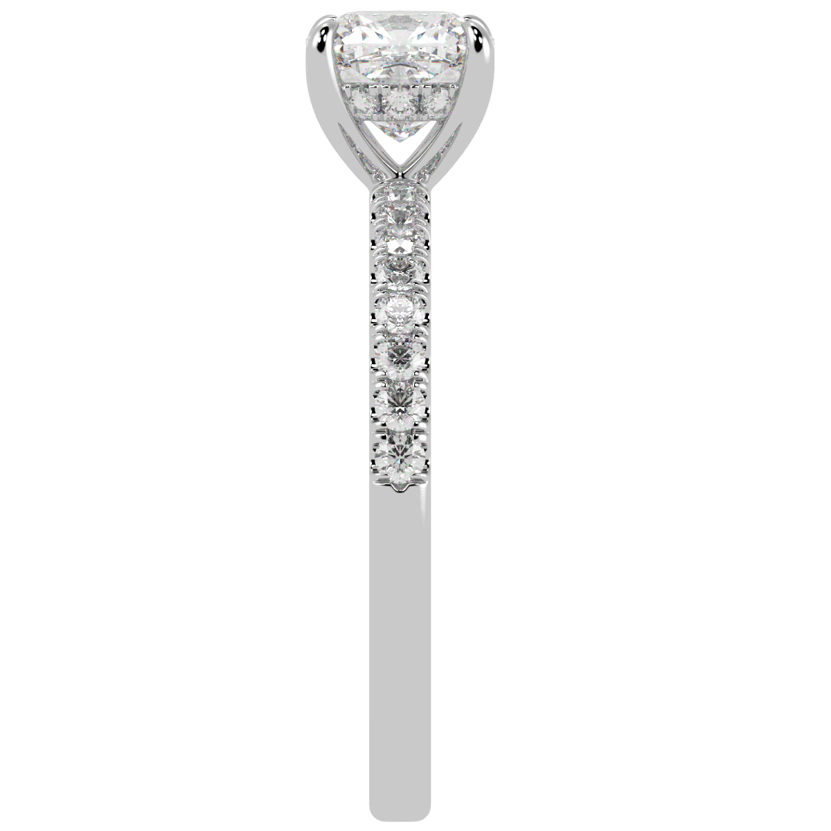 Cushion Cut Studded Hidden Halo Ring in white gold or platinum, side view