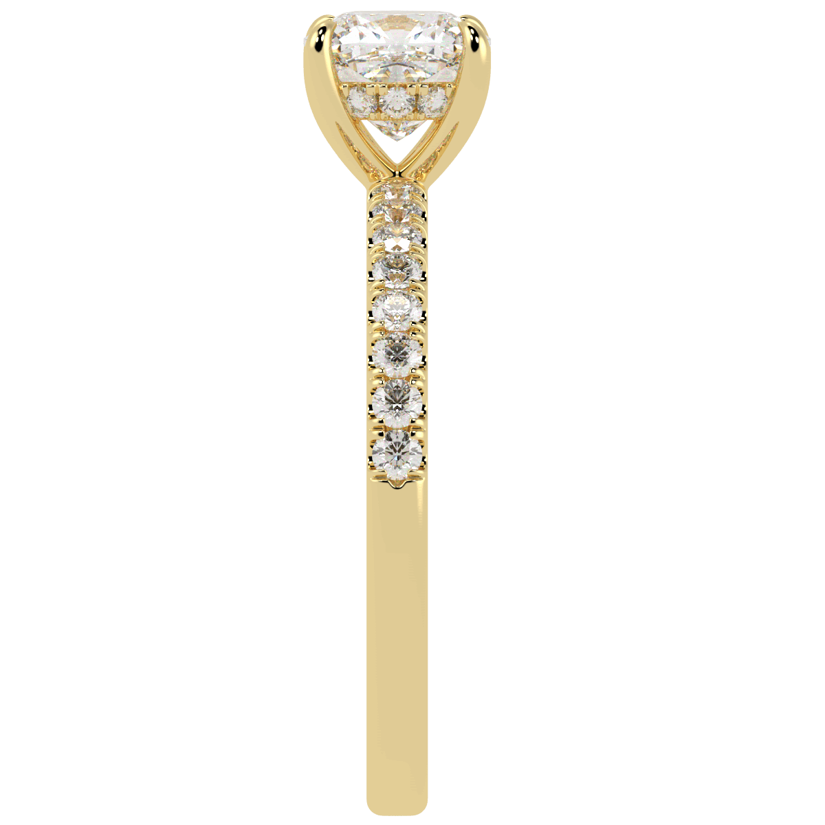 Cushion Cut Studded Hidden Halo Ring in yellow gold, side view