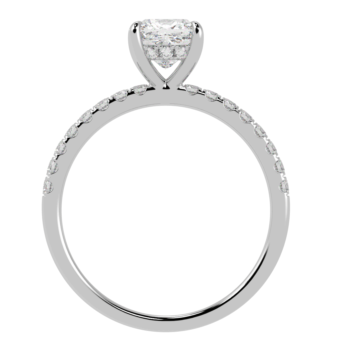 Cushion Cut Studded Hidden Halo Ring in white gold or platinum, flat view