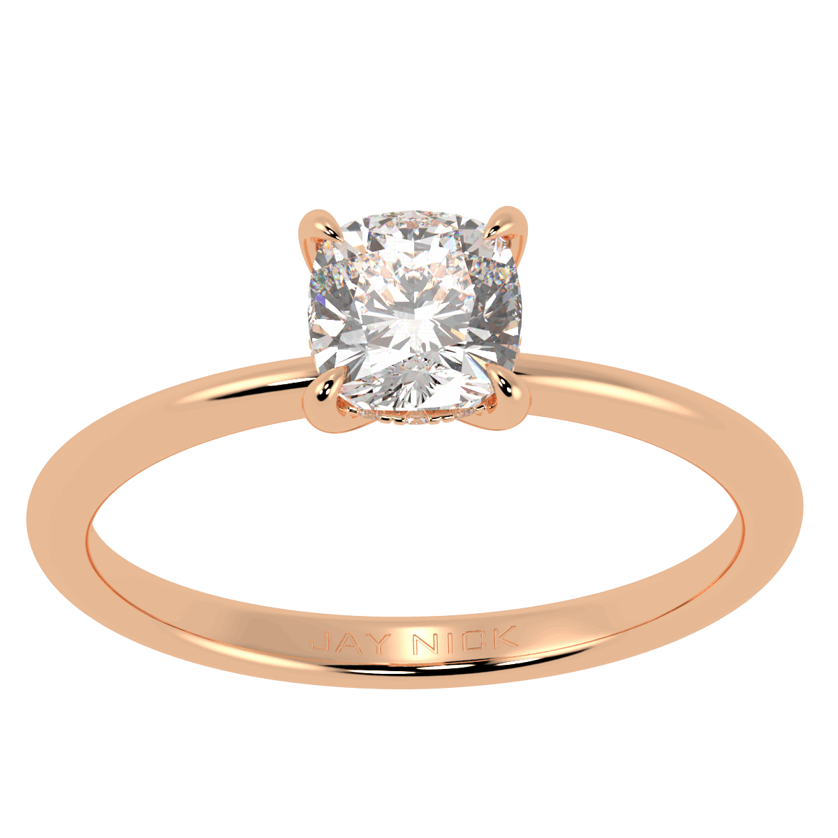 Cushion Cut Hidden Halo Ring in rose gold, top view