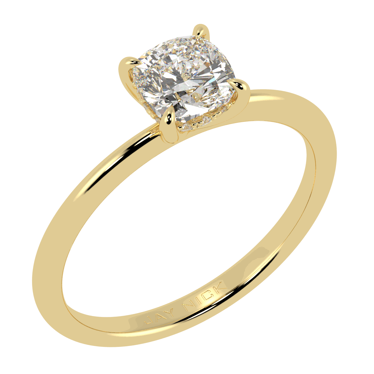 Cushion Cut Hidden Halo Ring in yellow gold, perspective view