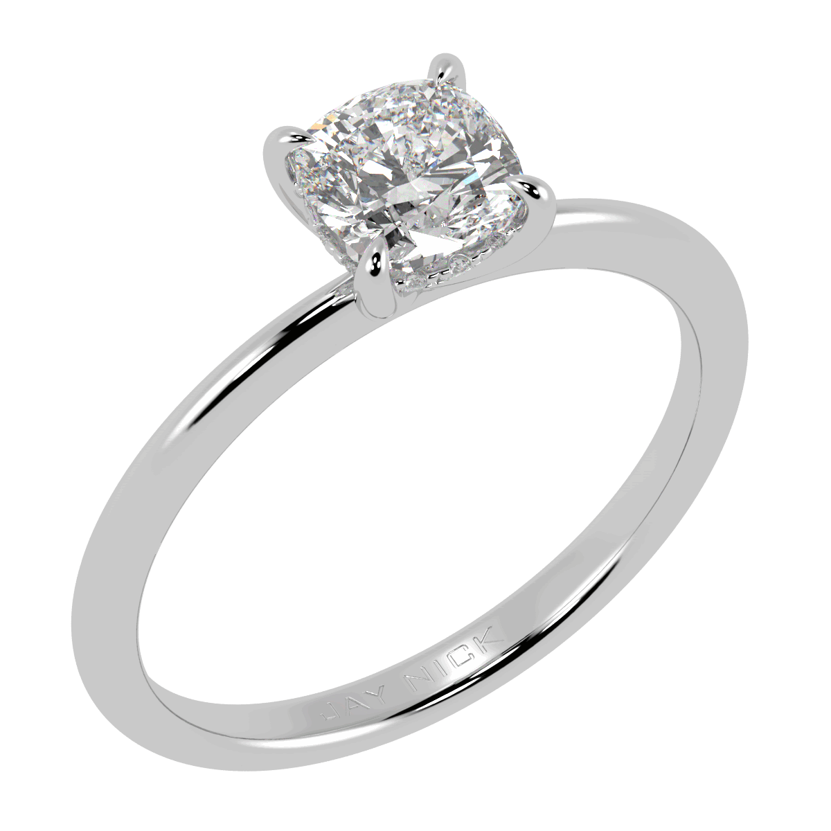 Cushion Cut Hidden Halo Ring in white gold or platinum, perspective view