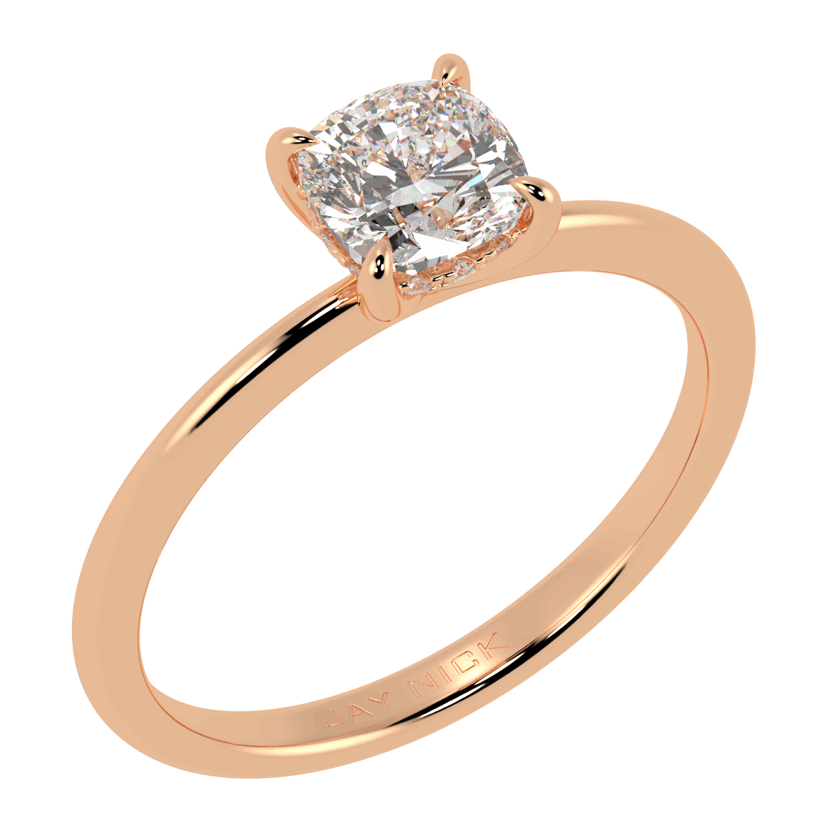 Cushion Cut Hidden Halo Ring in rose gold, perspective view
