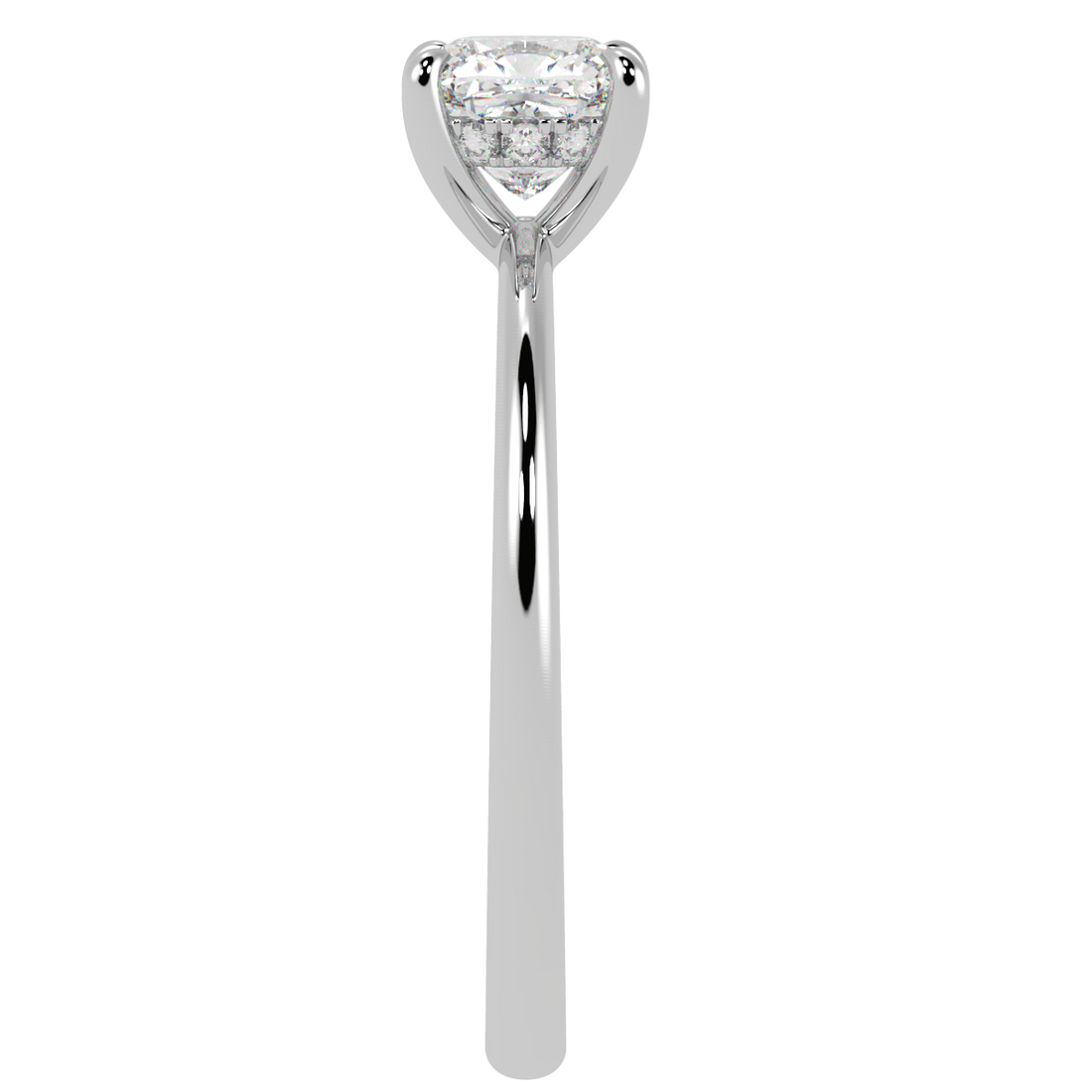 Cushion Cut Hidden Halo Ring in white gold or platinum, side view