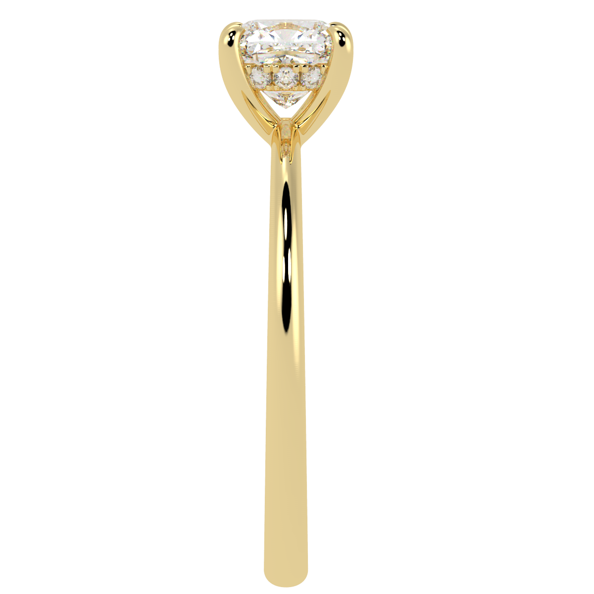 Cushion Cut Hidden Halo Ring in yellow gold, side view
