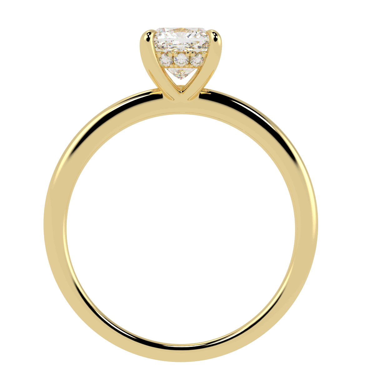 Cushion Cut Hidden Halo Ring in yellow gold, flat view