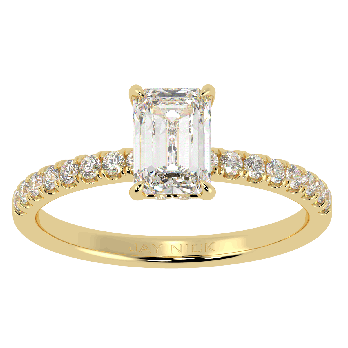 Emerald Cut Studded Hidden Halo Ring in yellow gold, top view