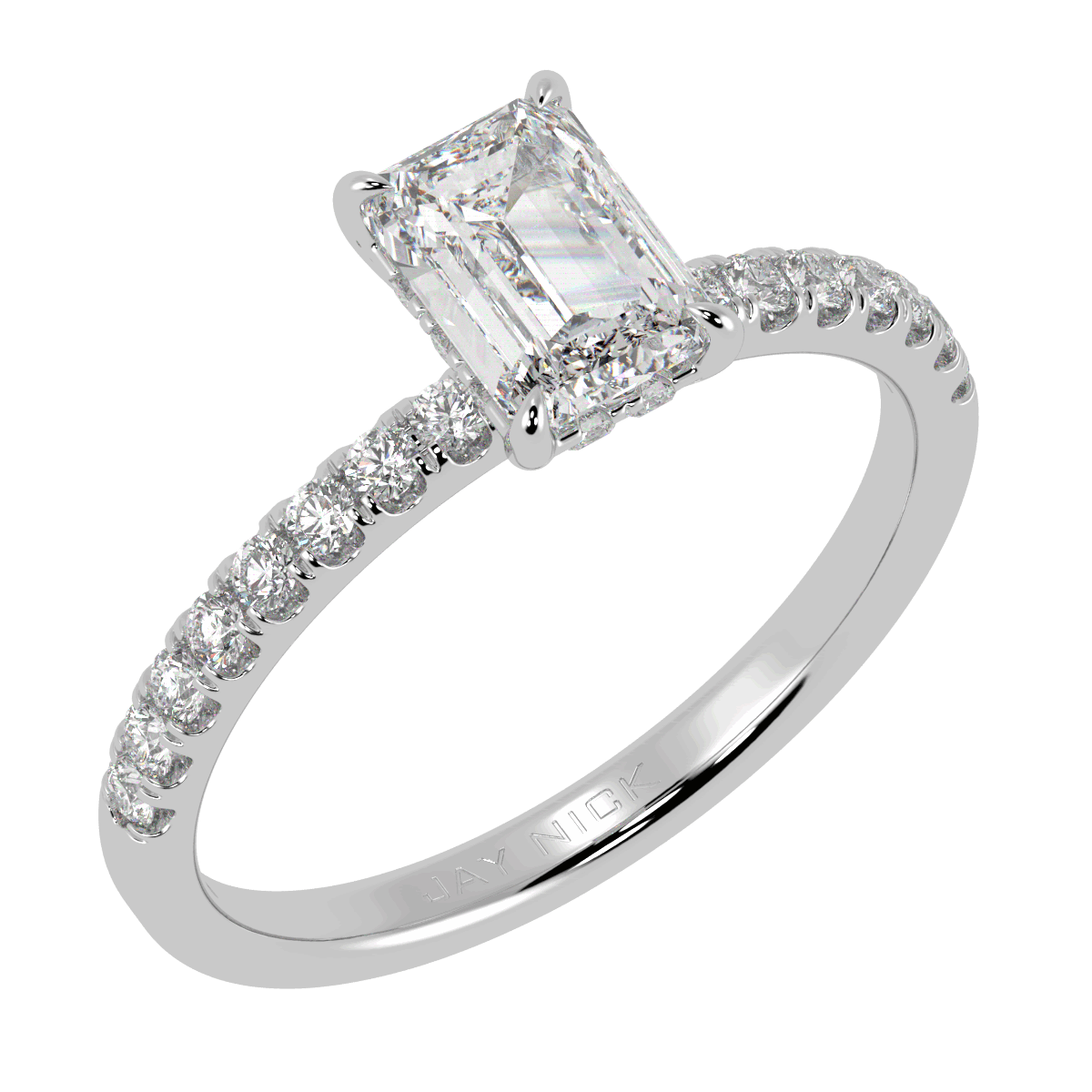 Emerald Cut Studded Hidden Halo Ring in white gold or platinum, perspective view