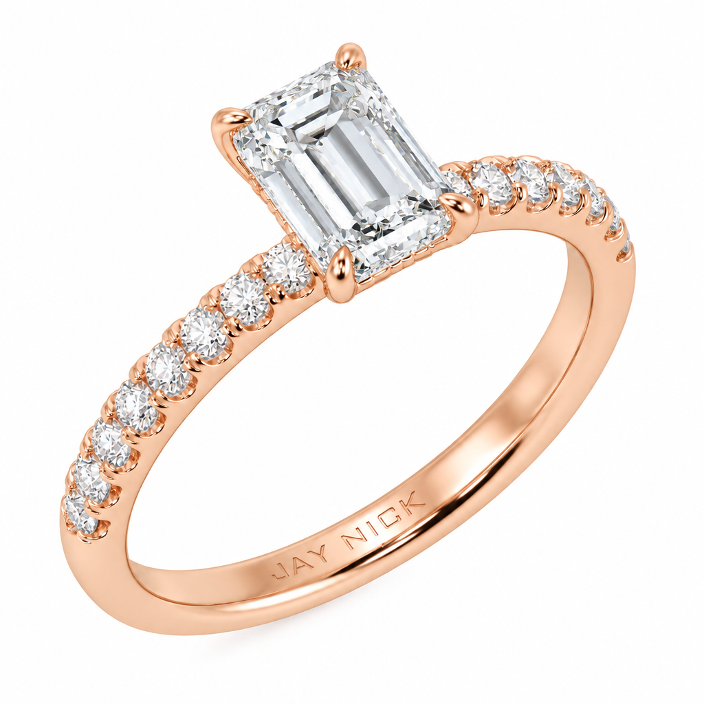 Emerald Cut Studded Hidden Halo Ring in white gold or platinum, perspective view