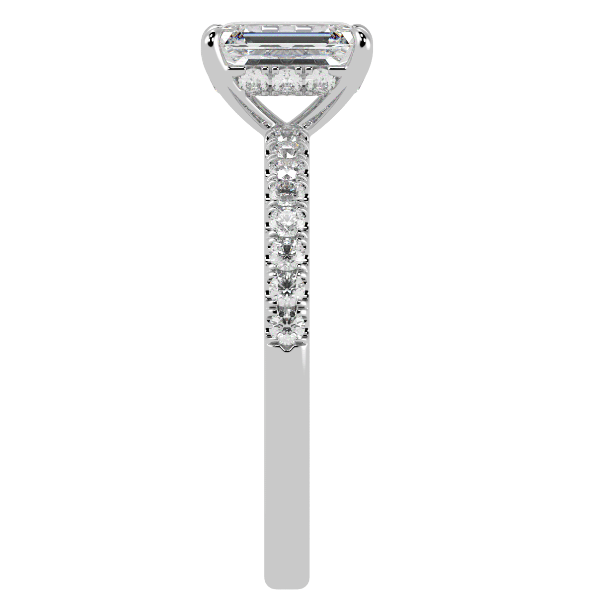 Emerald Cut Studded Hidden Halo Ring in white gold or platinum, side view