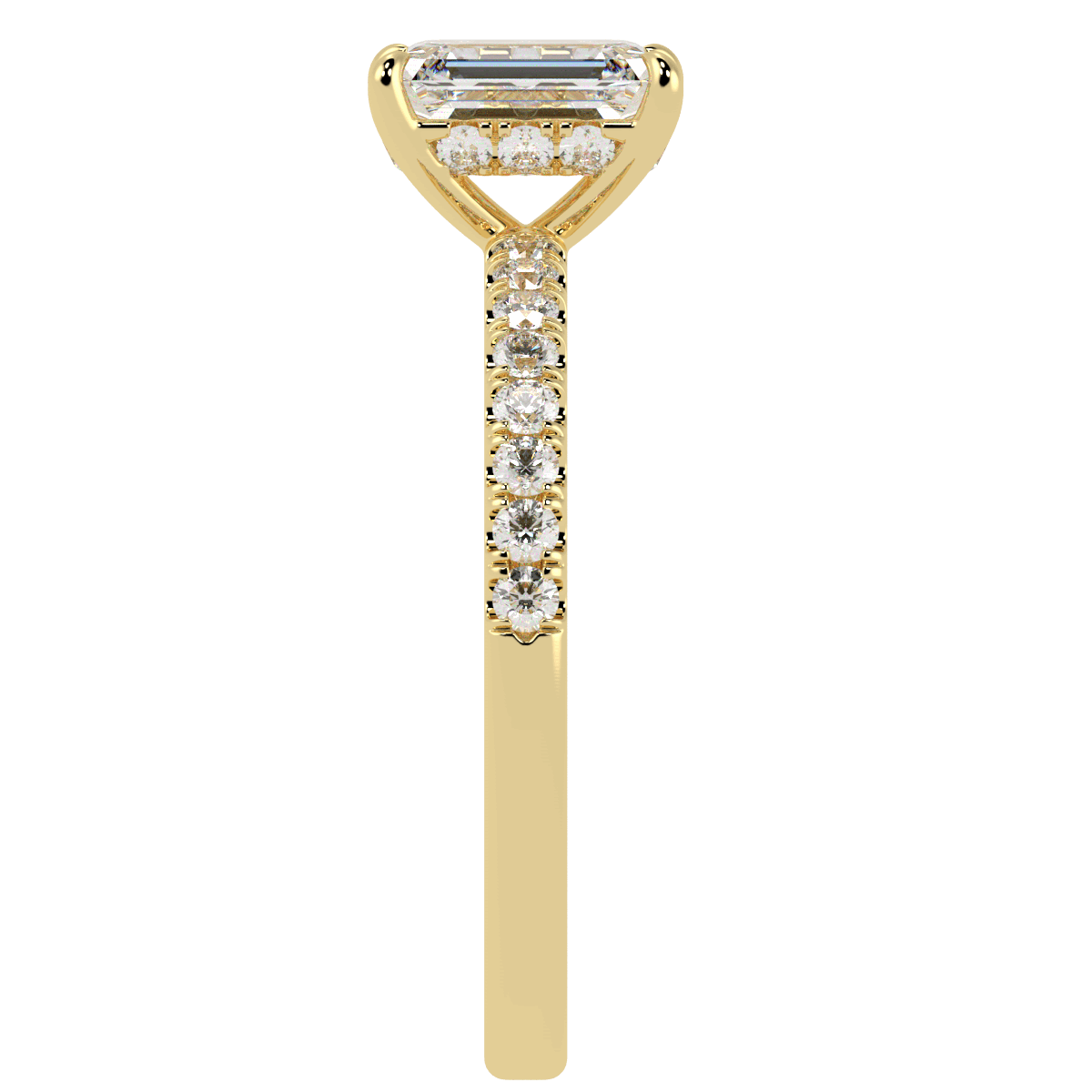 Emerald Cut Studded Hidden Halo Ring in yellow gold, side view