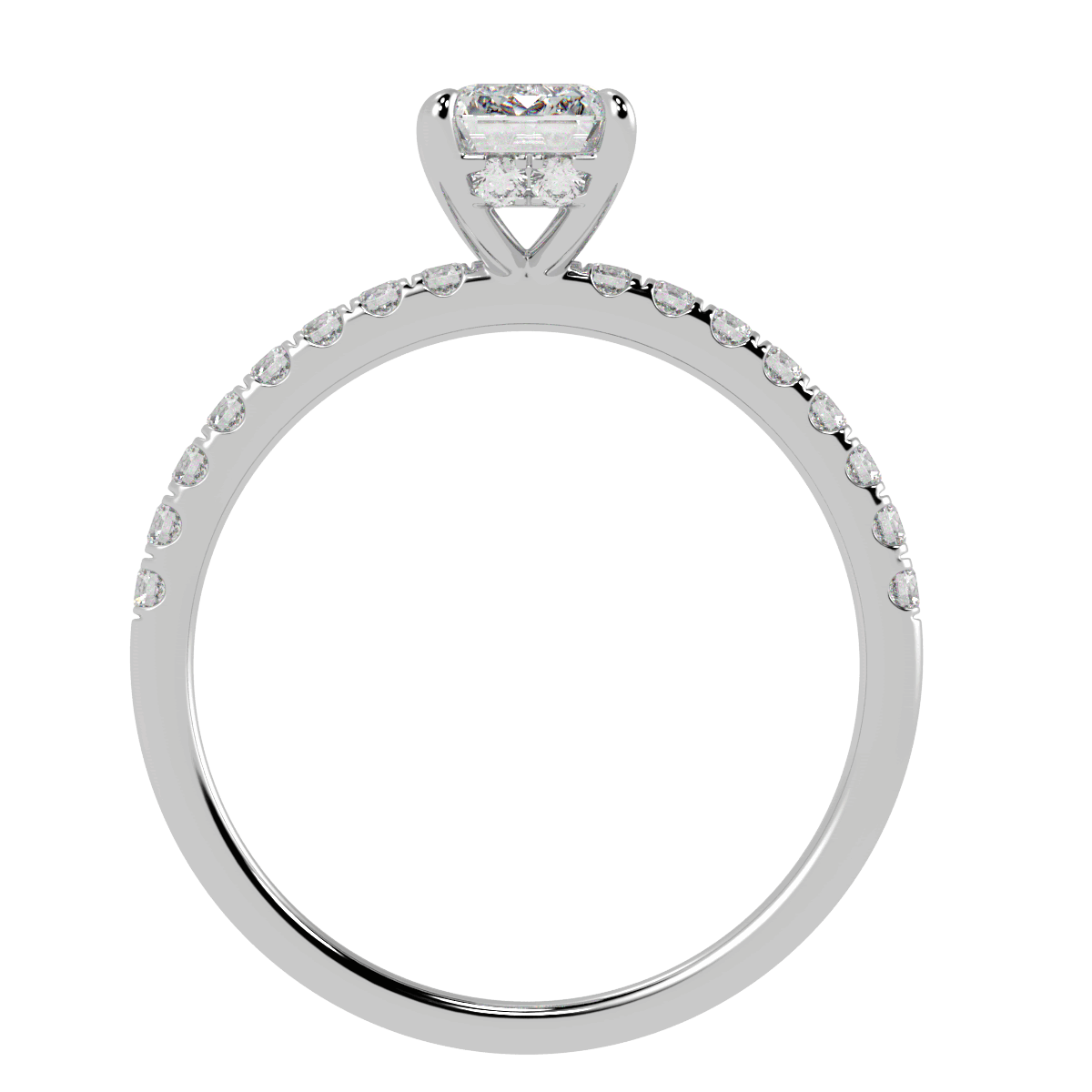 Emerald Cut Studded Hidden Halo Ring in white gold or platinum, flat view