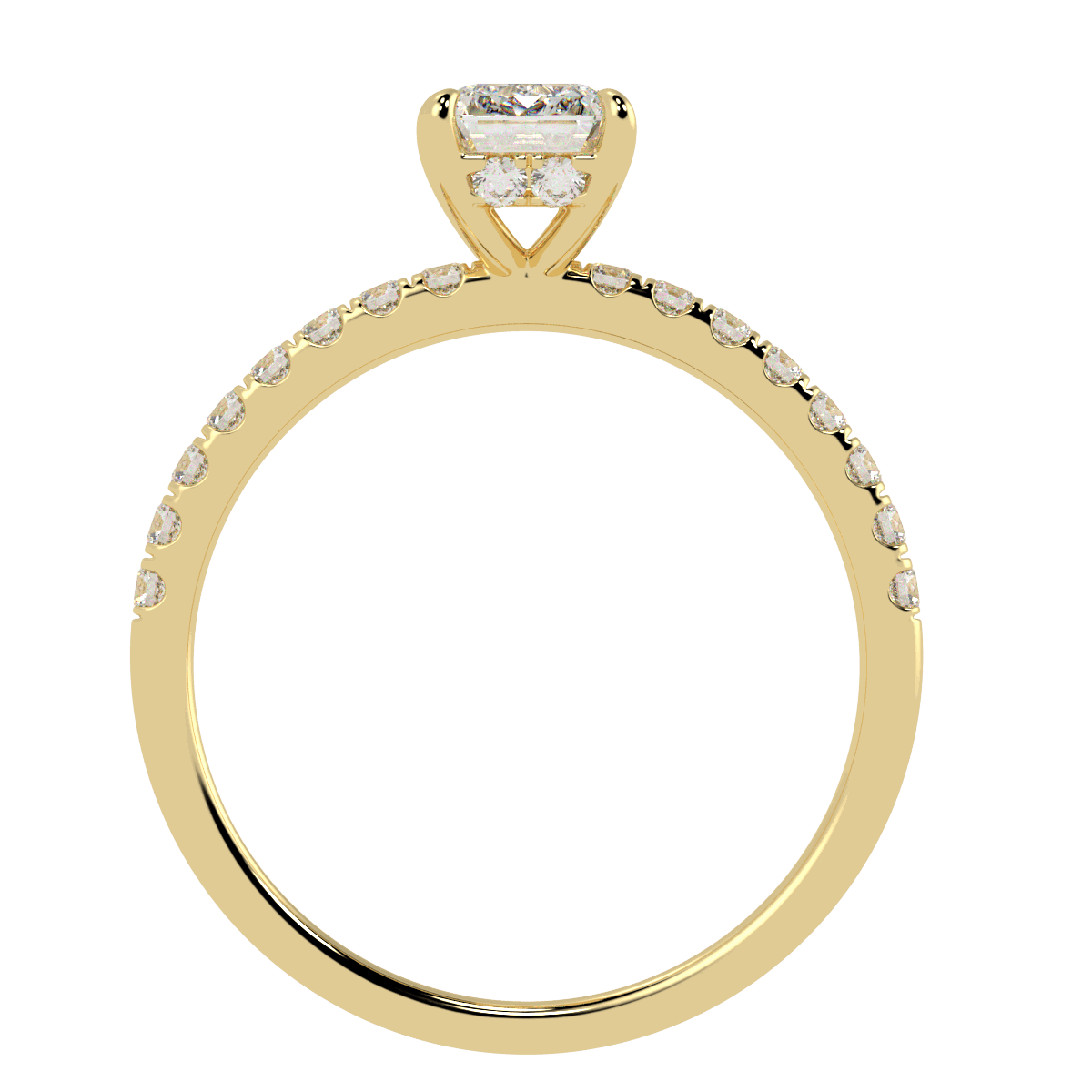 Emerald Cut Studded Hidden Halo Ring in yellow gold, flat view