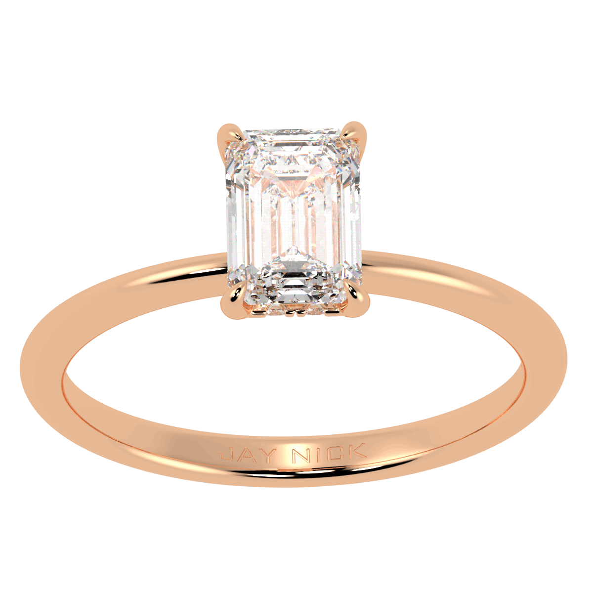 Emerald Cut Hidden Halo Ring in rose gold, top view