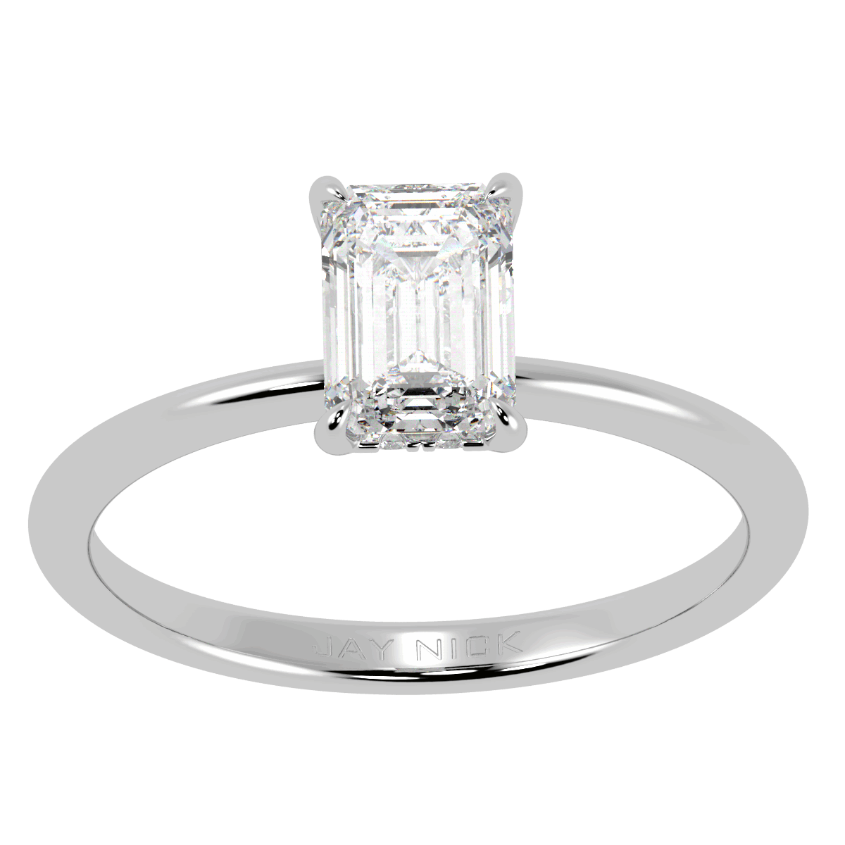 Emerald Cut Hidden Halo Ring in white gold or platinum, top view