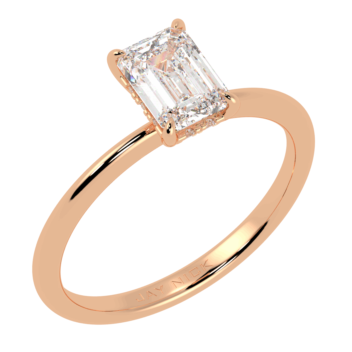 Emerald Cut Hidden Halo Ring in rose gold, perspective view