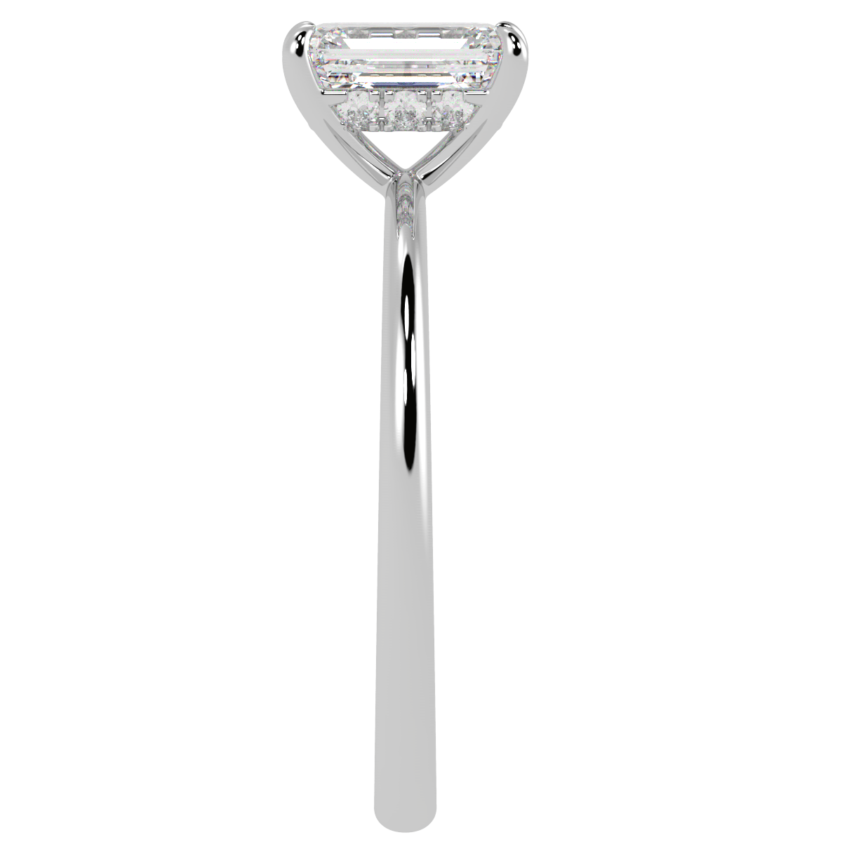 Emerald Cut Hidden Halo Ring in white gold or platinum, side view