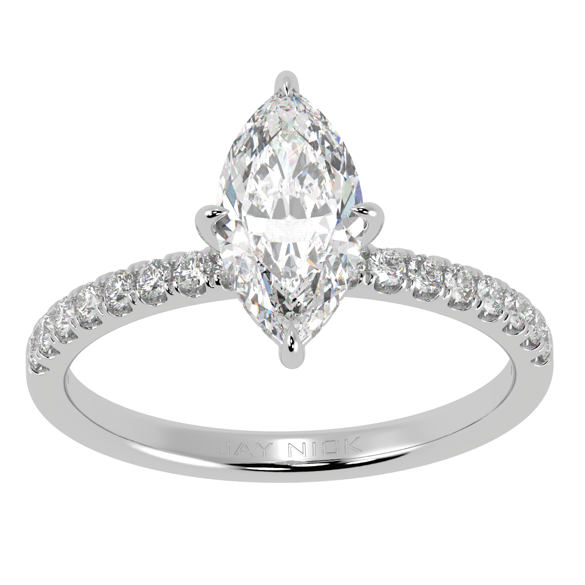 Marquise Cut Studded Hidden Halo Ring in white gold or platinum, top view