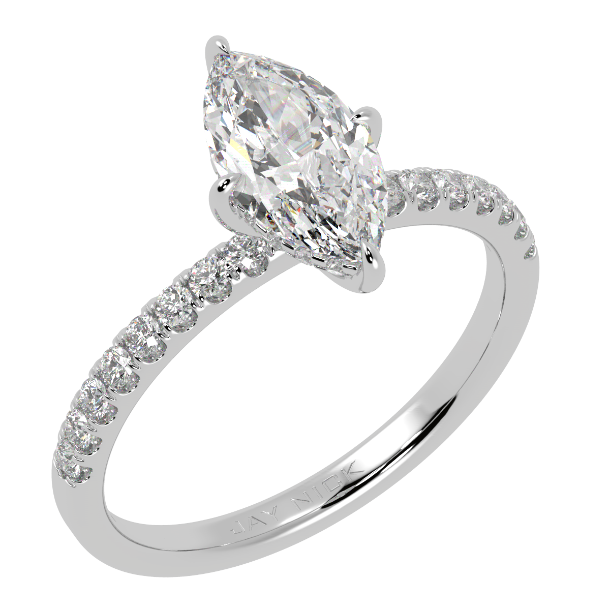 Marquise Cut Studded Hidden Halo Ring in white gold or platinum, perspective view