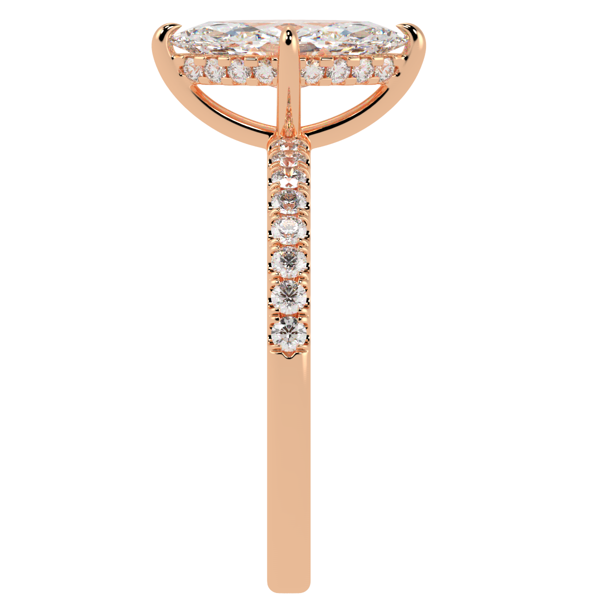 Marquise Cut Studded Hidden Halo Ring in rose gold, side view