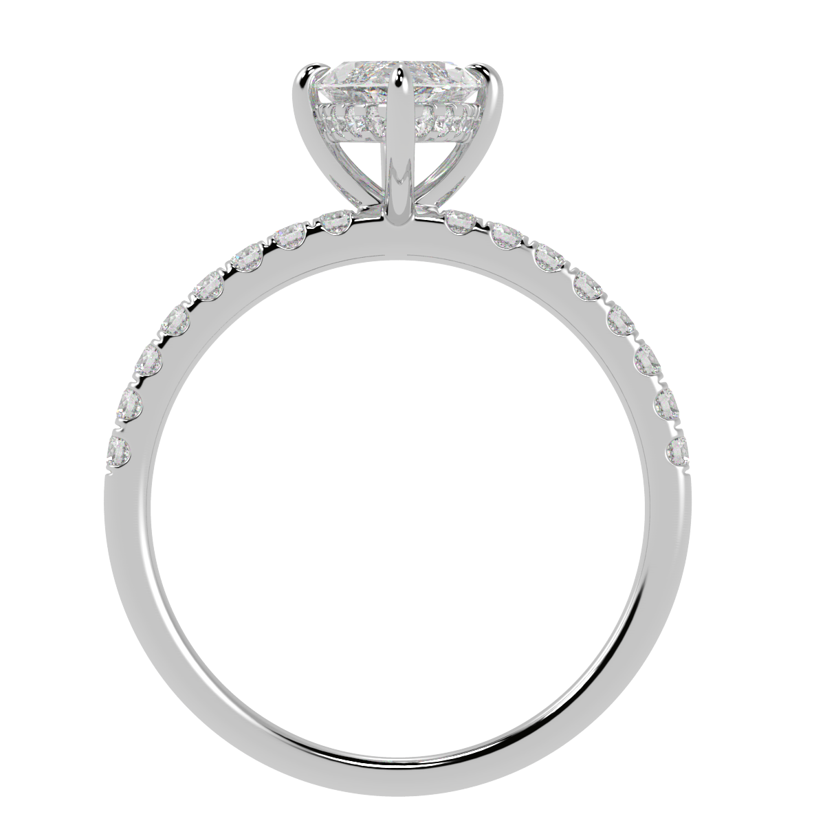Marquise Cut Studded Hidden Halo Ring in white gold or platinum, flat view