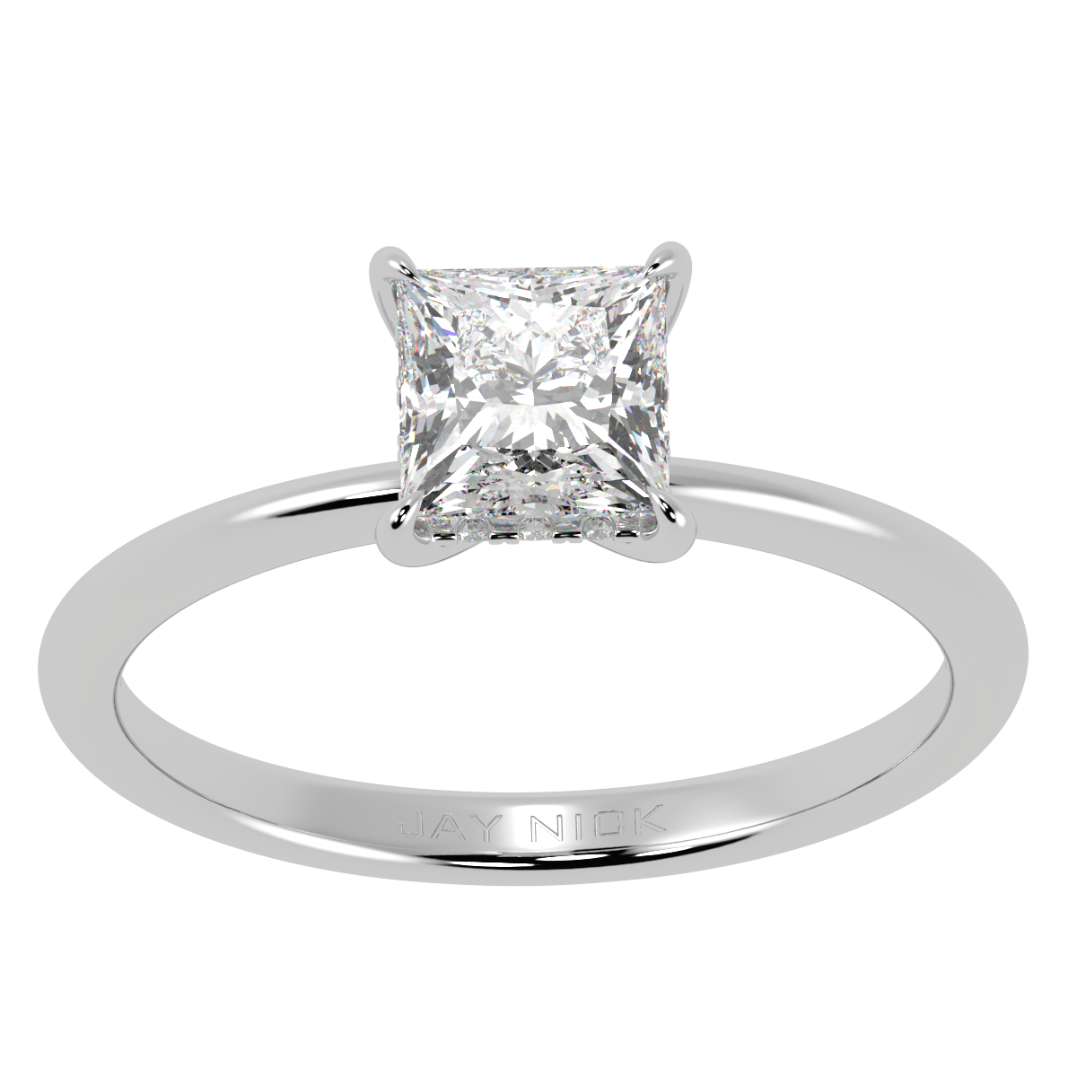 Princess Cut Hidden Halo Ring in white gold or platinum, top view
