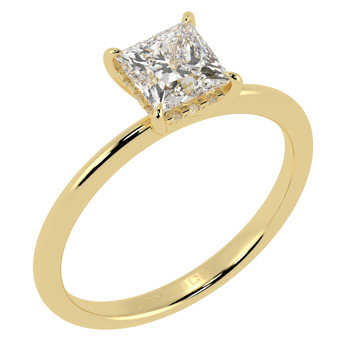 Princess Cut Hidden Halo Ring in yellow gold, perspective view