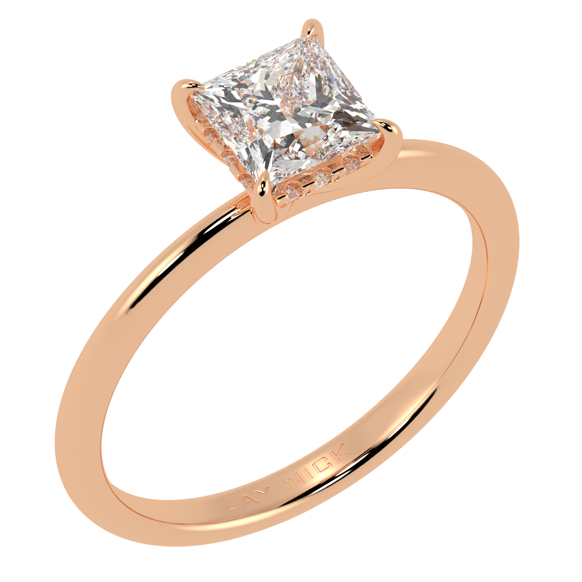 Princess Cut Hidden Halo Ring in rose gold, perspective view