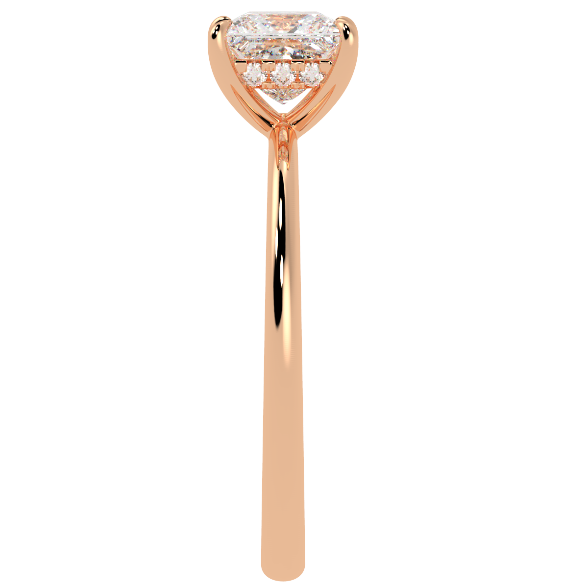 Princess Cut Hidden Halo Ring in rose gold, side view