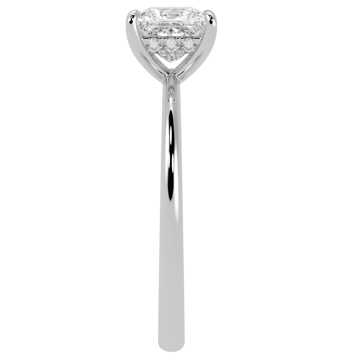 Princess Cut Hidden Halo Ring in white gold or platinum, side view