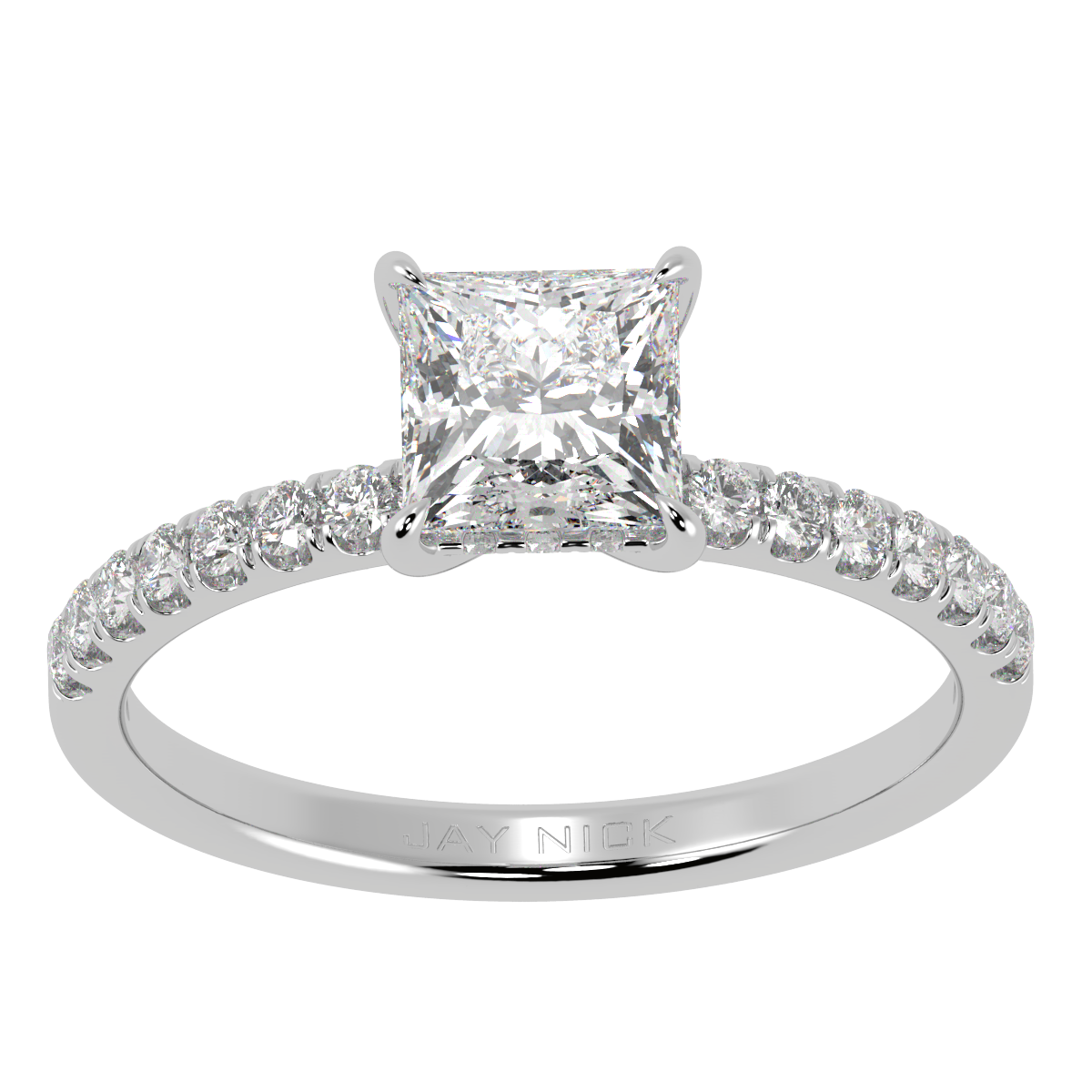 Princess Cut Studded Hidden Halo Ring in white gold or platinum, top view