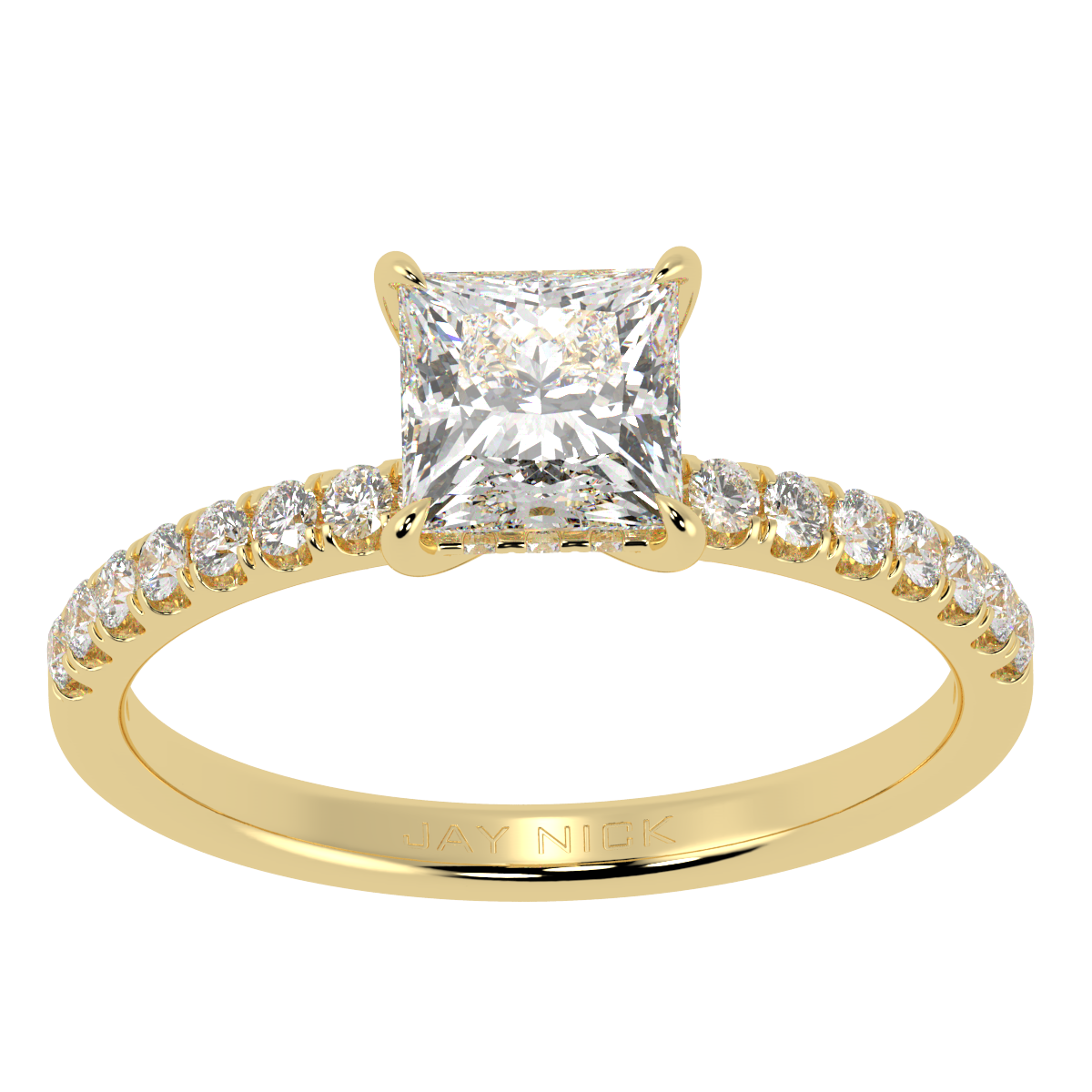 Princess Cut Studded Hidden Halo Ring in yellow gold, top view