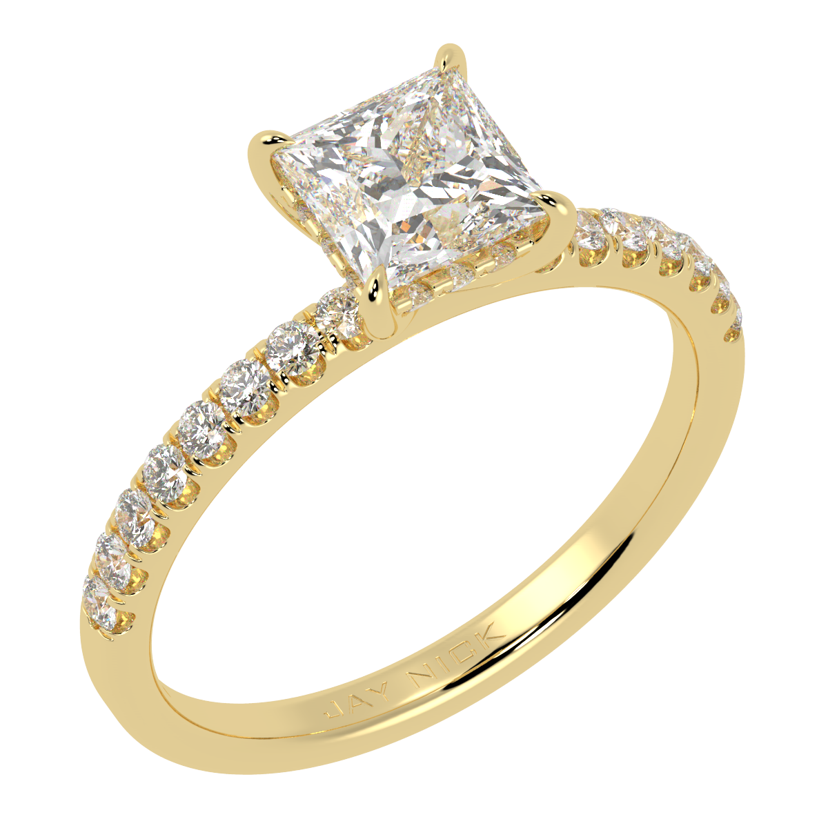 Princess Cut Studded Hidden Halo Ring in yellow gold, perspective view
