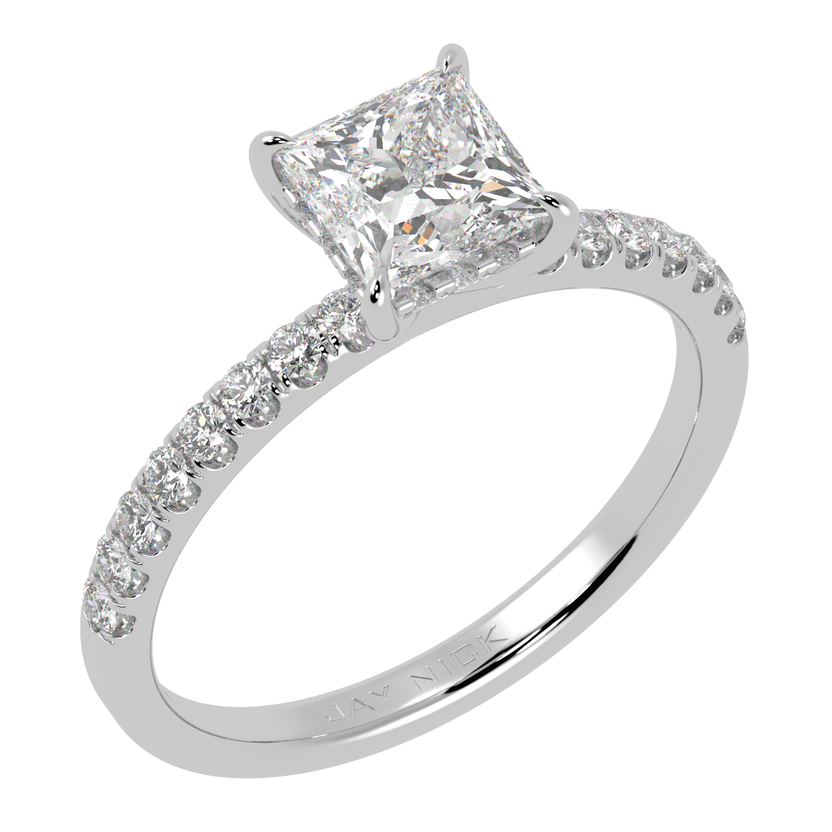 Princess Cut Studded Hidden Halo Ring in white gold or platinum, perspective view