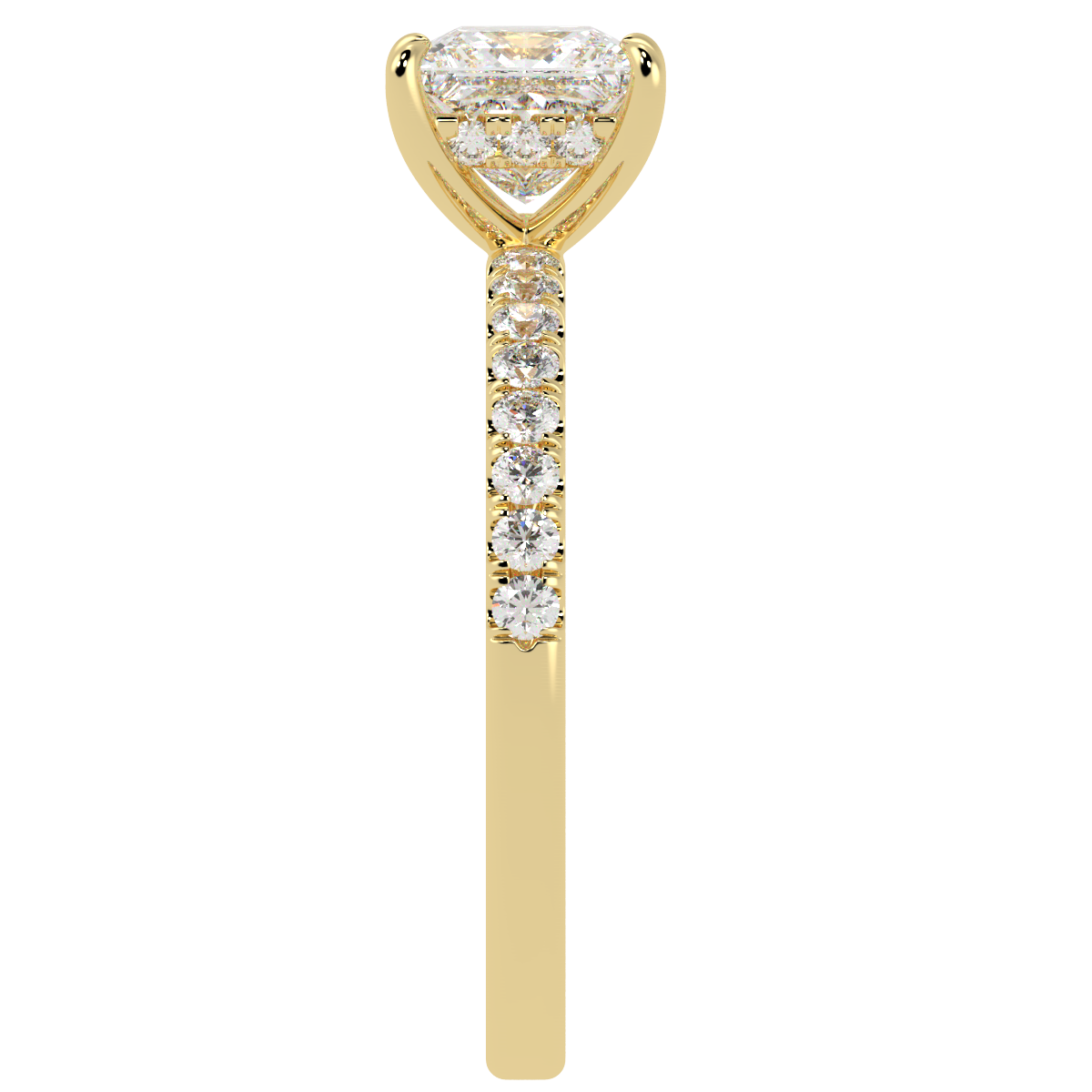 Princess Cut Studded Hidden Halo Ring in yellow gold, side view