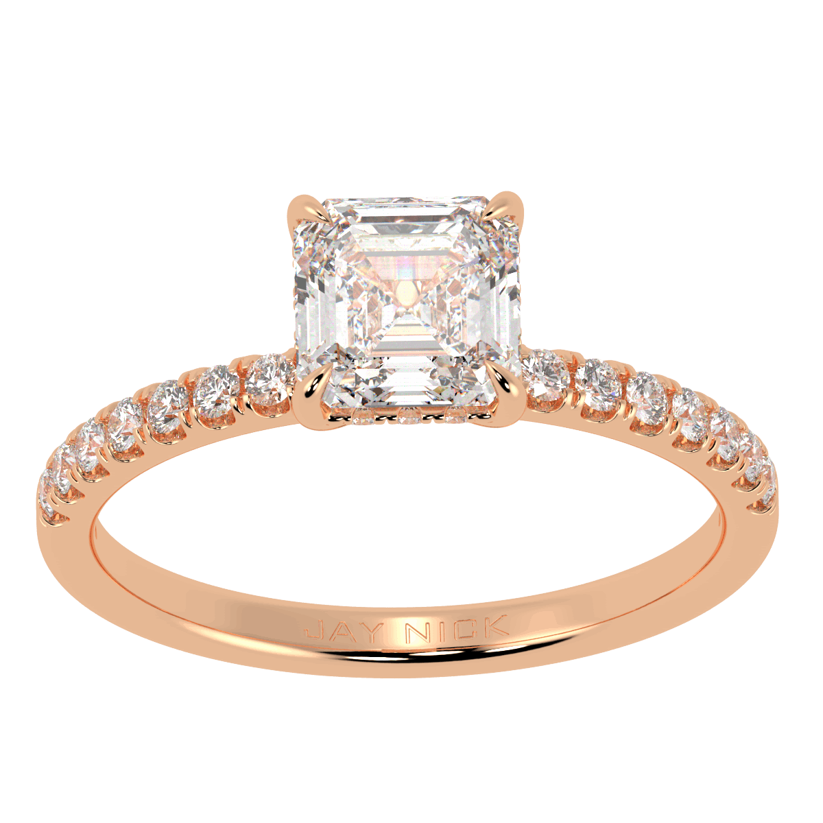 Asscher Cut Studded Hidden Halo Ring in rose gold, top view